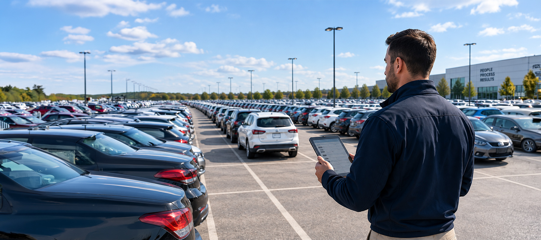 Man with tablet in car lot